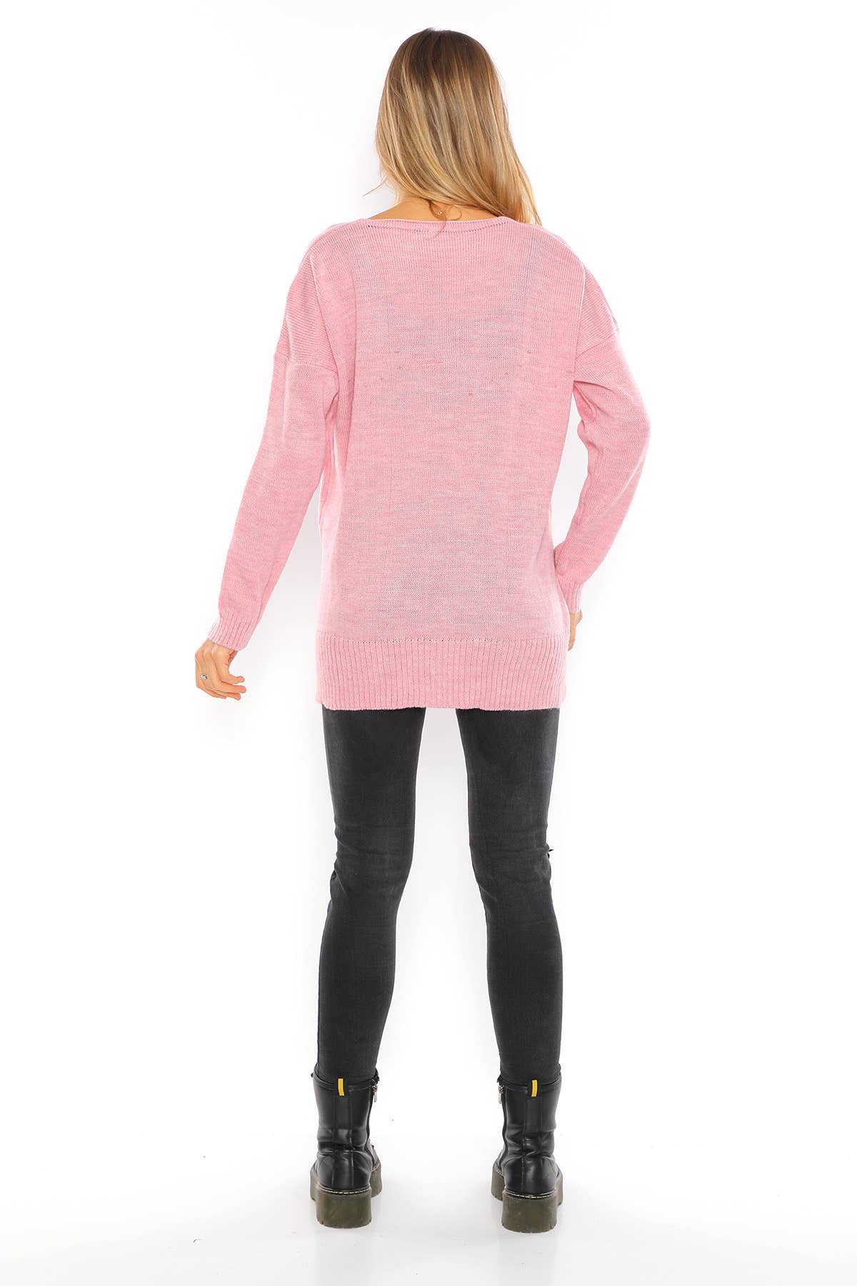 High-Low 'V' Neck Cotton Blend Pullover- Rose