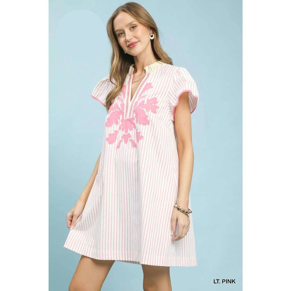 Striped Floral Applique Shift Dress
