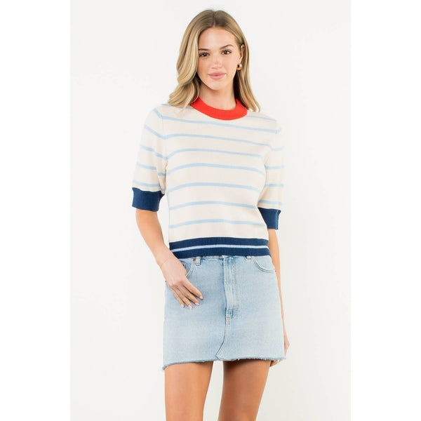 Colorblock Rib Trim Striped Knit Top