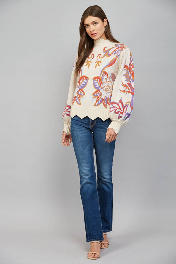 Floral and Leaf Motif Jacquard Sweater