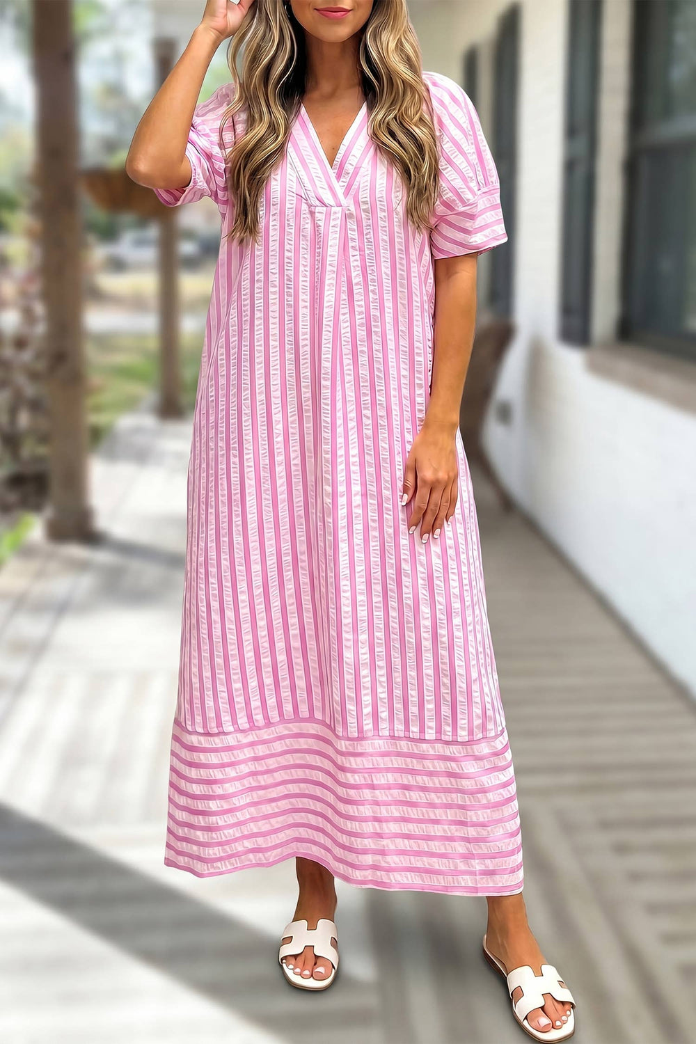Striped Print V Neck Short Sleeve Shift Maxi Dress