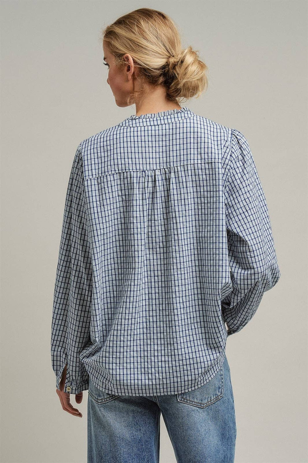 Navy Windowpane Check Ruffle Placket Cotton Blouse