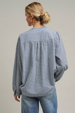 Navy Windowpane Check Ruffle Placket Cotton Blouse