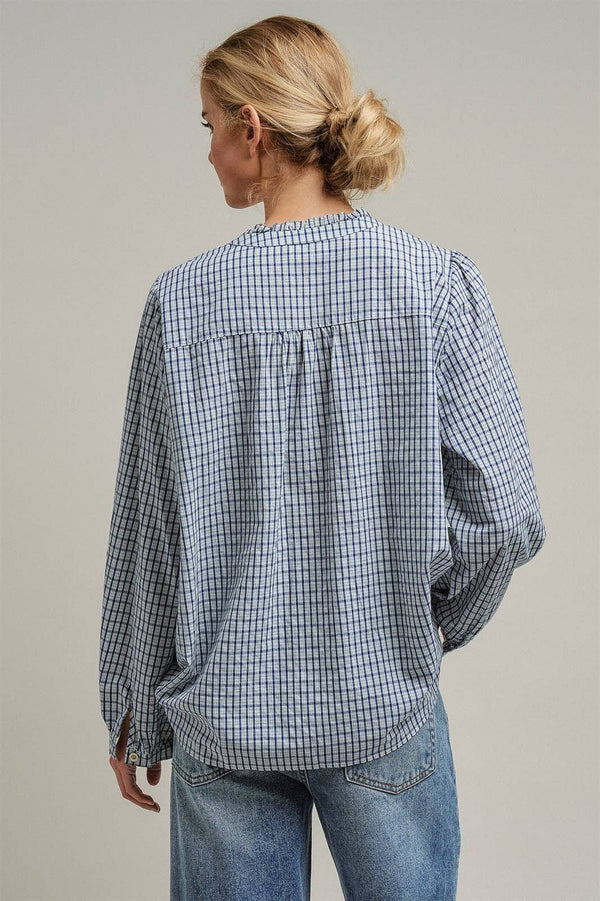 Navy Windowpane Check Ruffle Placket Cotton Blouse