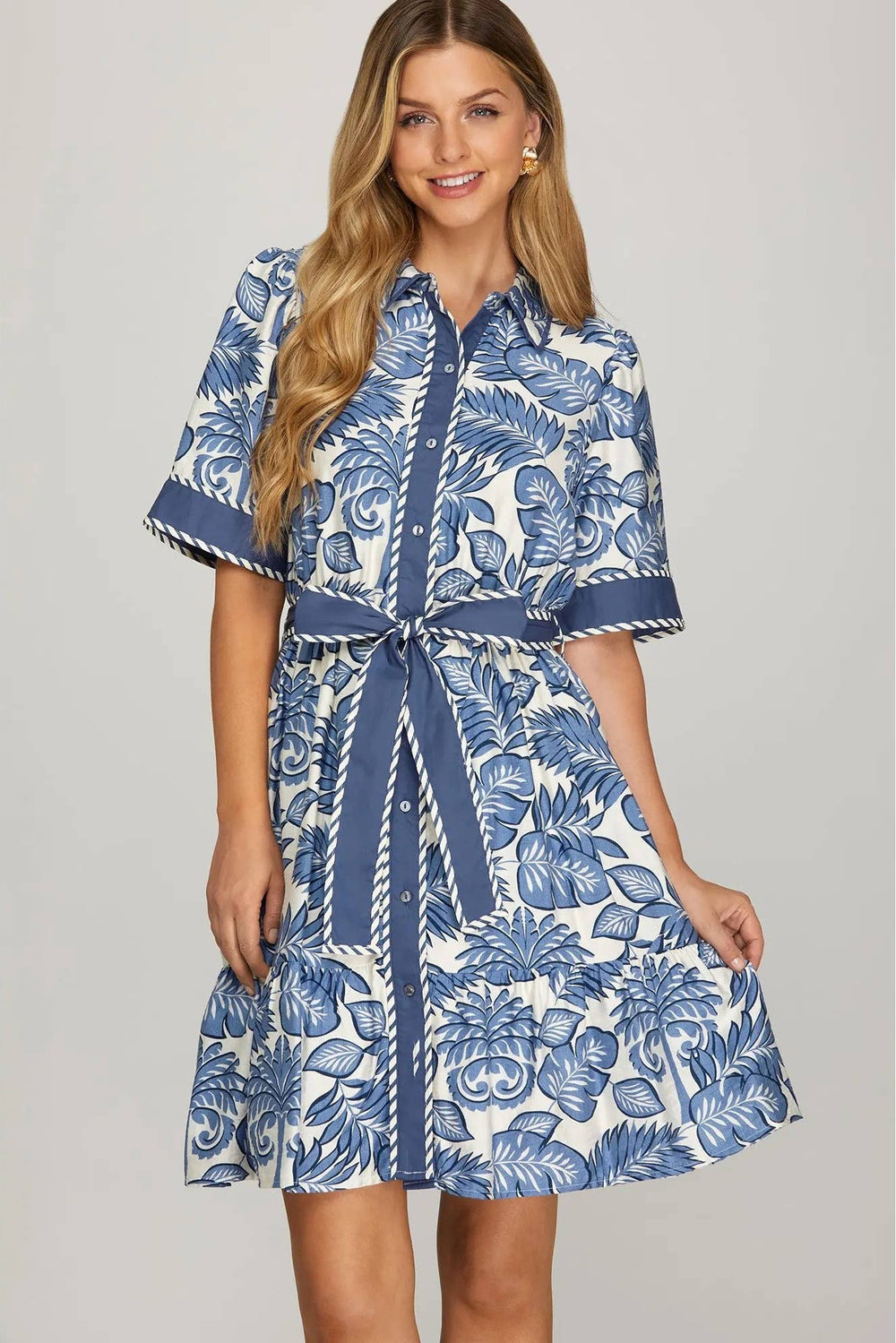 Woven Print Mini Dress - Blue