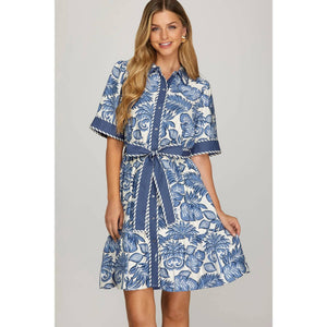 Woven Print Mini Dress - Blue