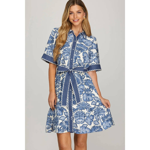 Woven Print Mini Dress - Blue