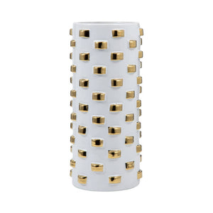 Vase - White/Gold Ceramic Raised Rectangular Stud, 11 in.