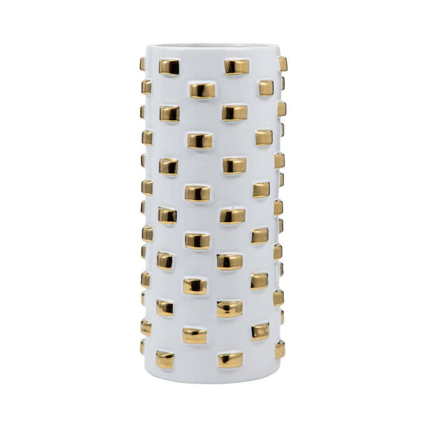 Vase - White/Gold Ceramic Raised Rectangular Stud, 11 in.