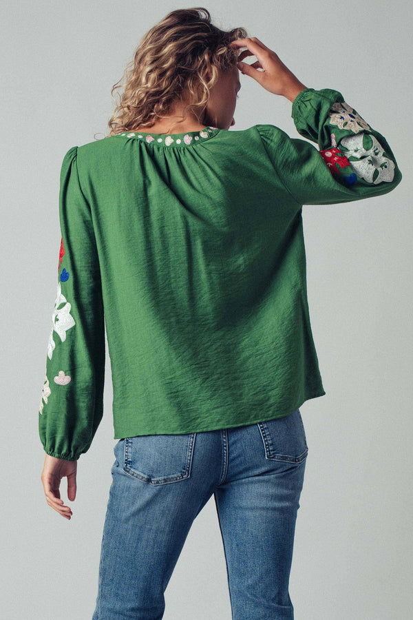 Embroidered Tassel Tie Blouse