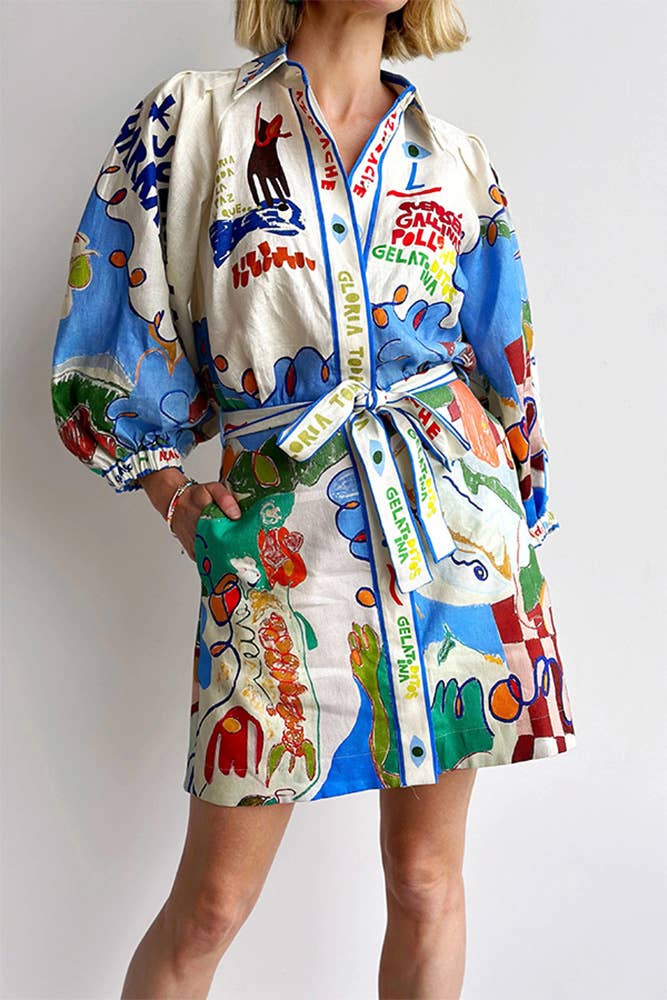 Linen Casual Floral Tie Waist Dress