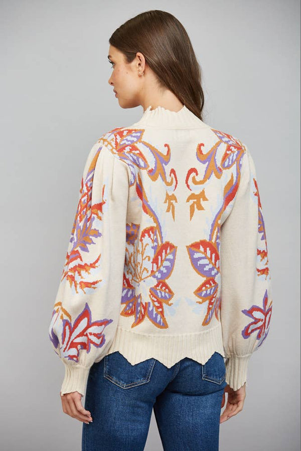 Floral and Leaf Motif Jacquard Sweater