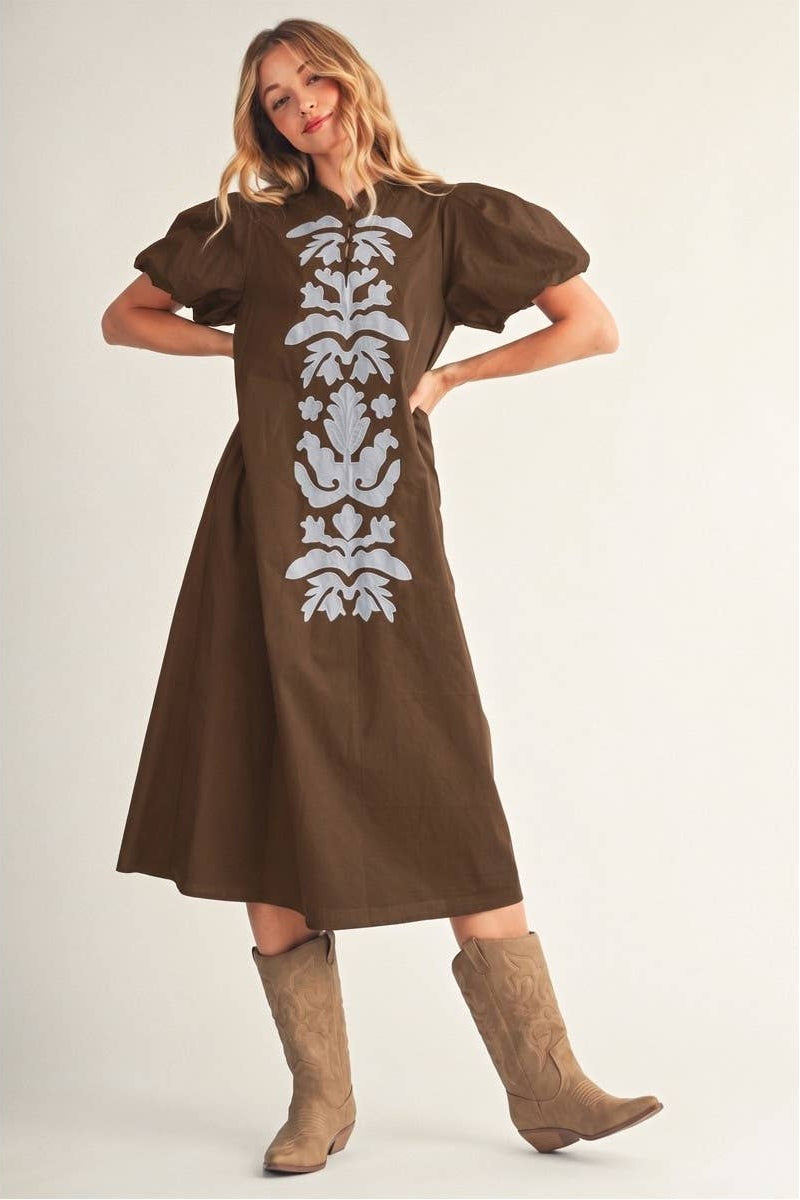 Applique Accent Puff Sleeves Midi Dress