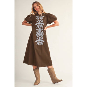 Applique Accent Puff Sleeves Midi Dress