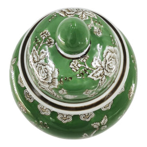 Green 18x9 in. Ceramic Novelty Bird and Flower Temple Jar