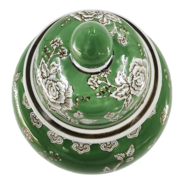 Green 18x9 in. Ceramic Novelty Bird and Flower Temple Jar