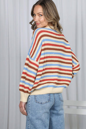 Textured Multi Stripe Crew Neck Knitted Sweater