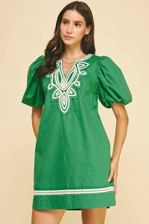 Embroidered Detail Mini Dress - Green