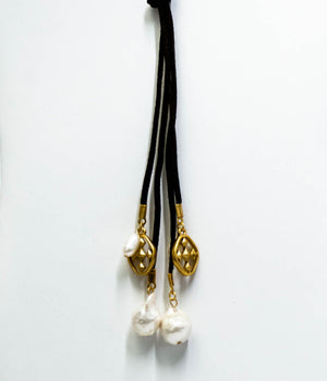 long suede and pearl shield necklace