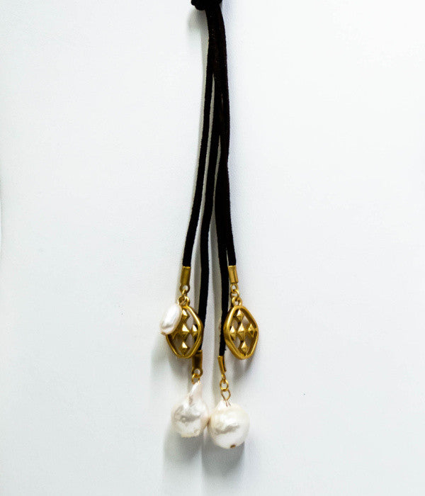 long suede and pearl shield necklace