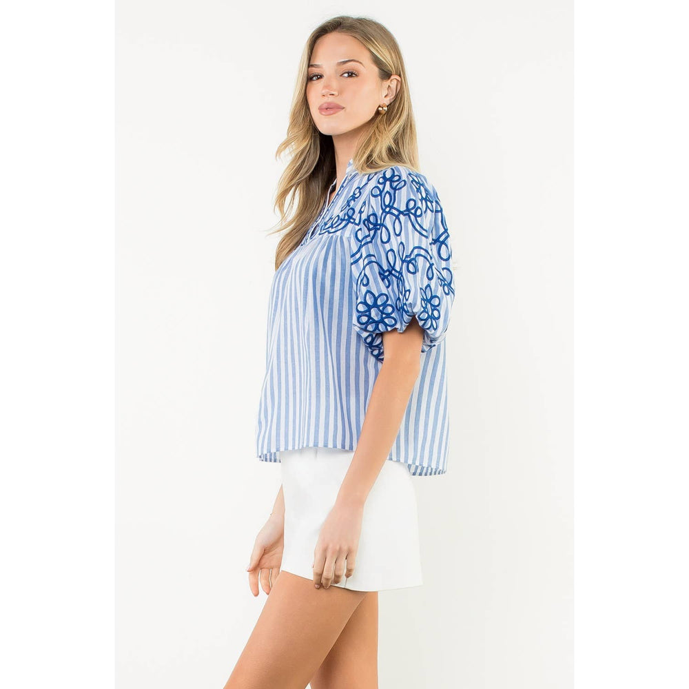 Puff Sleeve Striped Embroidered Top