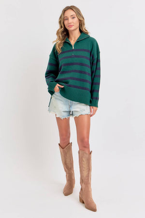 Stripe Knit Zip-Front Oversized Knit Sweater