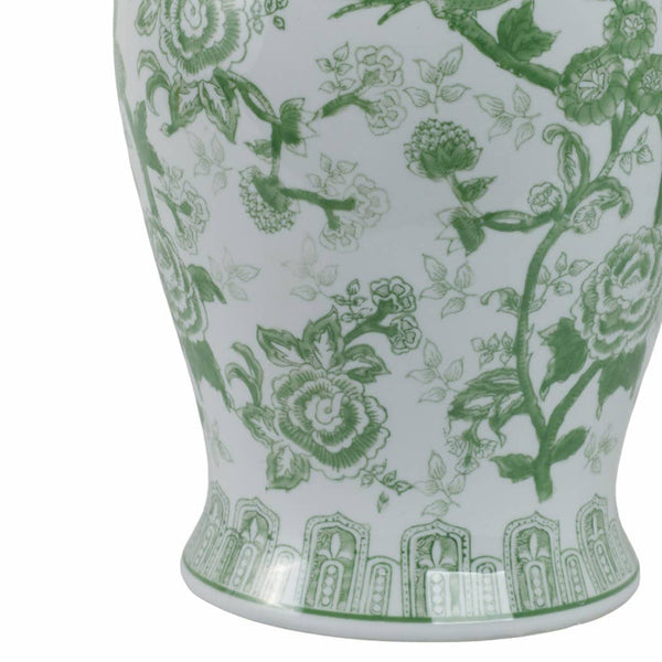 Ceramic Bird Flower Decorative Temple Jar - Green, 18 in.