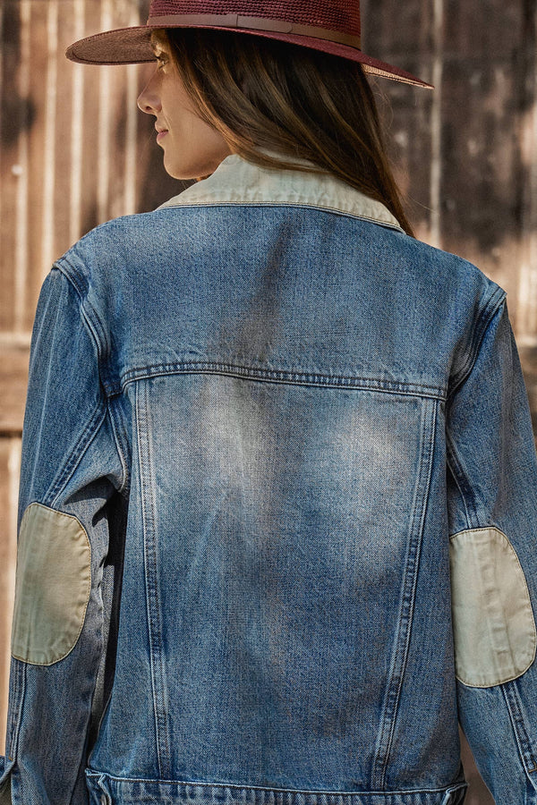 Vintage Wash Denim Jacket With Elbow Patches