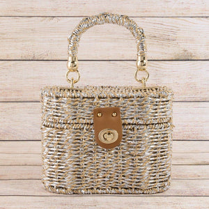 Metallic Woven Straw Top Handle Box Bag