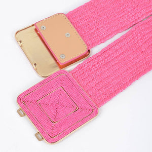 Faux Straw Two Buckle Elastic Belt