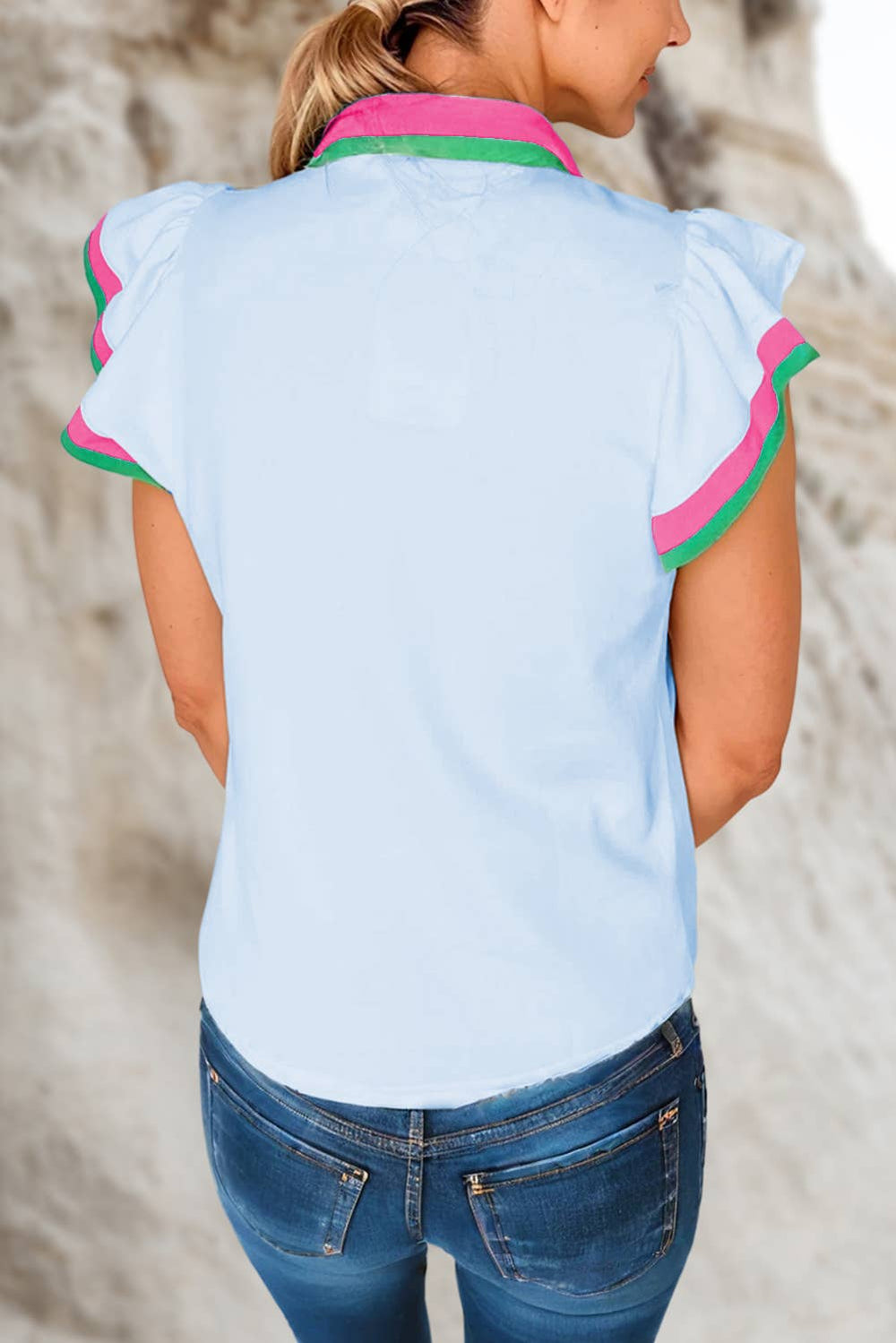Colorblock Ruffle Sleeve V Neck Blouse