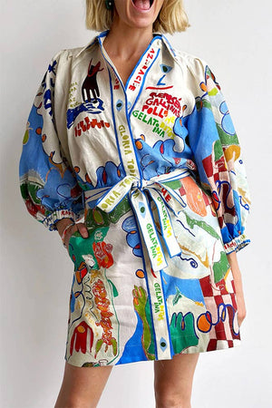 Linen Casual Floral Tie Waist Dress