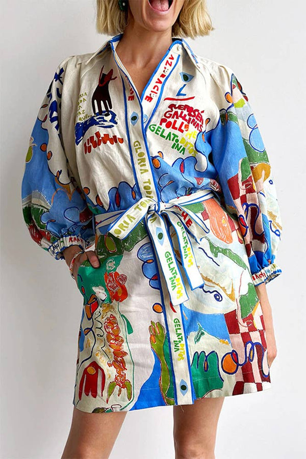 Linen Casual Floral Tie Waist Dress