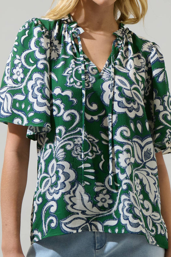 Harriet Floral Ruffle Split Neck Dupont Top