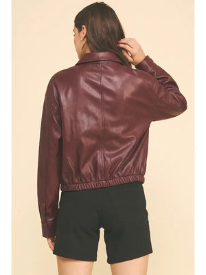 Cropped Faux Leather Bomber Jacket