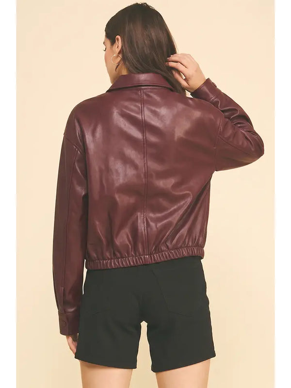 Cropped Faux Leather Bomber Jacket