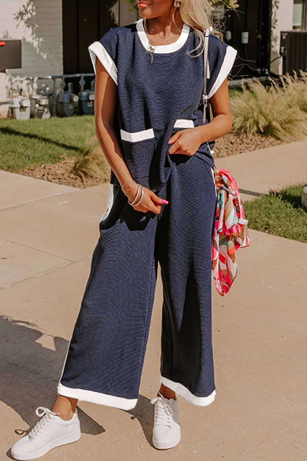Navy Color block Pocket Tee Wide Leg Pants Two Piece Set