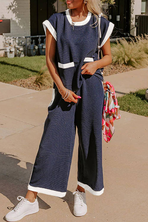 Navy Color block Pocket Tee Wide Leg Pants Two Piece Set