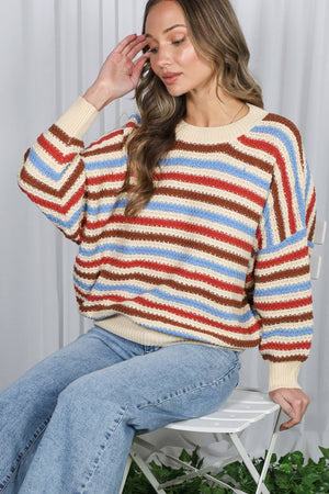 Textured Multi Stripe Crew Neck Knitted Sweater
