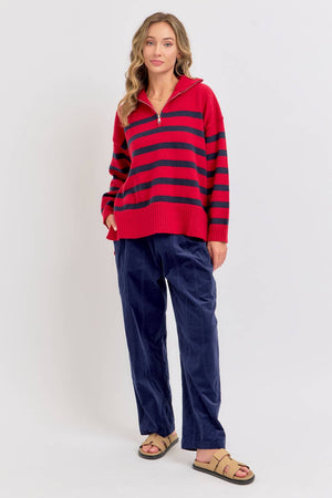 Stripe Knit Zip-Front Oversized Knit Sweater