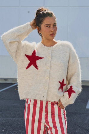 Fuzzy Star Knit Button Up Cardigan