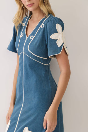 Floral Appliqué Contrast Trim Midi Dress