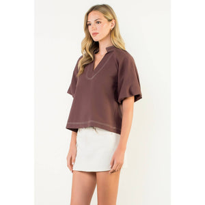 Contrast Stitch Puff Sleeve V-Neck Top