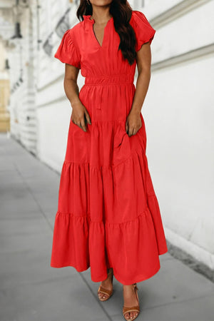 Solid V Neck Short Puff Sleeve Tiered Maxi Dress