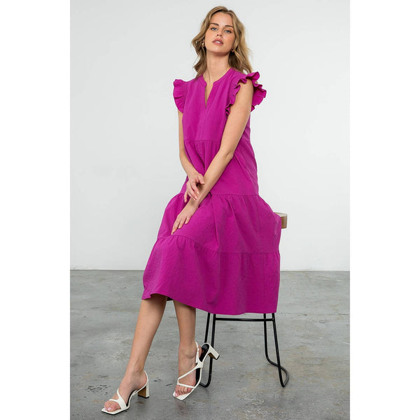 Ruffle Sleeve Tiered Dress- Fuschia