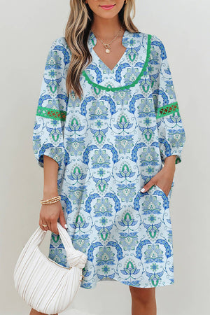 Boho Paisley Patchwork Detail 3/4 Sleeve Mini Dress