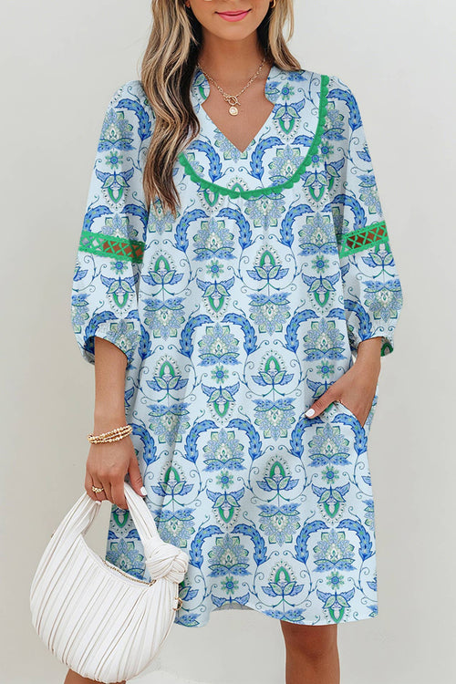 Boho Paisley Patchwork Detail 3/4 Sleeve Mini Dress
