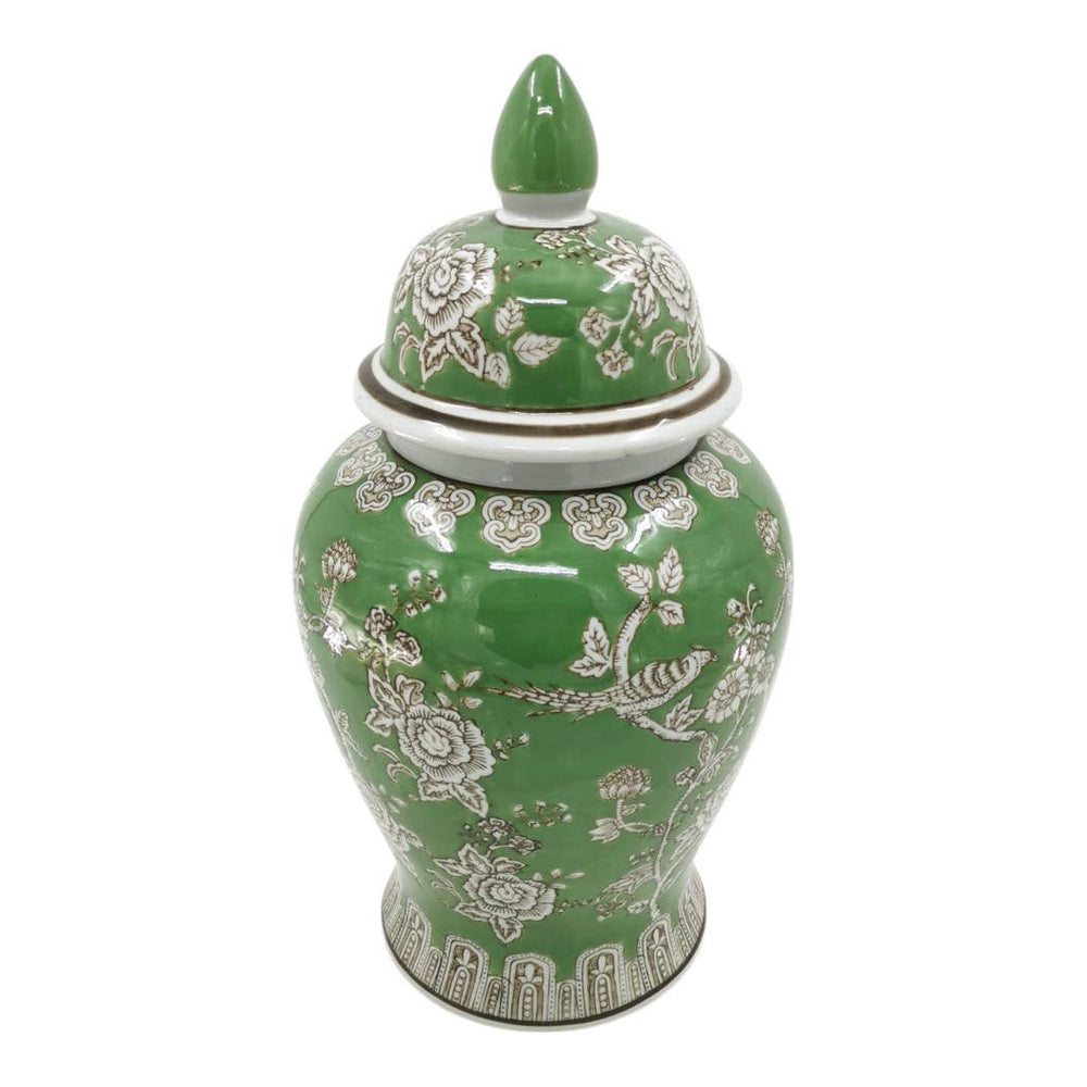 Green 18x9 in. Ceramic Novelty Bird and Flower Temple Jar