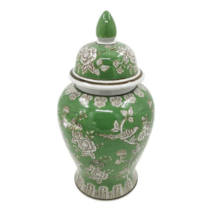 Green 18x9 in. Ceramic Novelty Bird and Flower Temple Jar