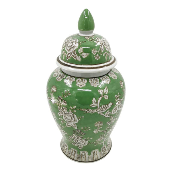 Green 18x9 in. Ceramic Novelty Bird and Flower Temple Jar